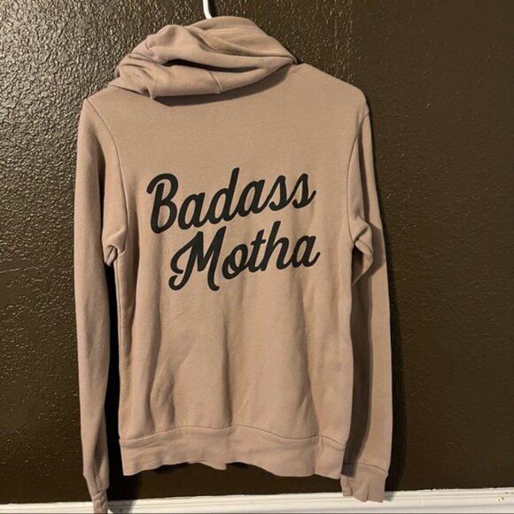 Tan ‘Badass Motha’ Zip Down Hoodie by Her Little Wolves, Sz Small No Drawstring - Picture 6 of 7